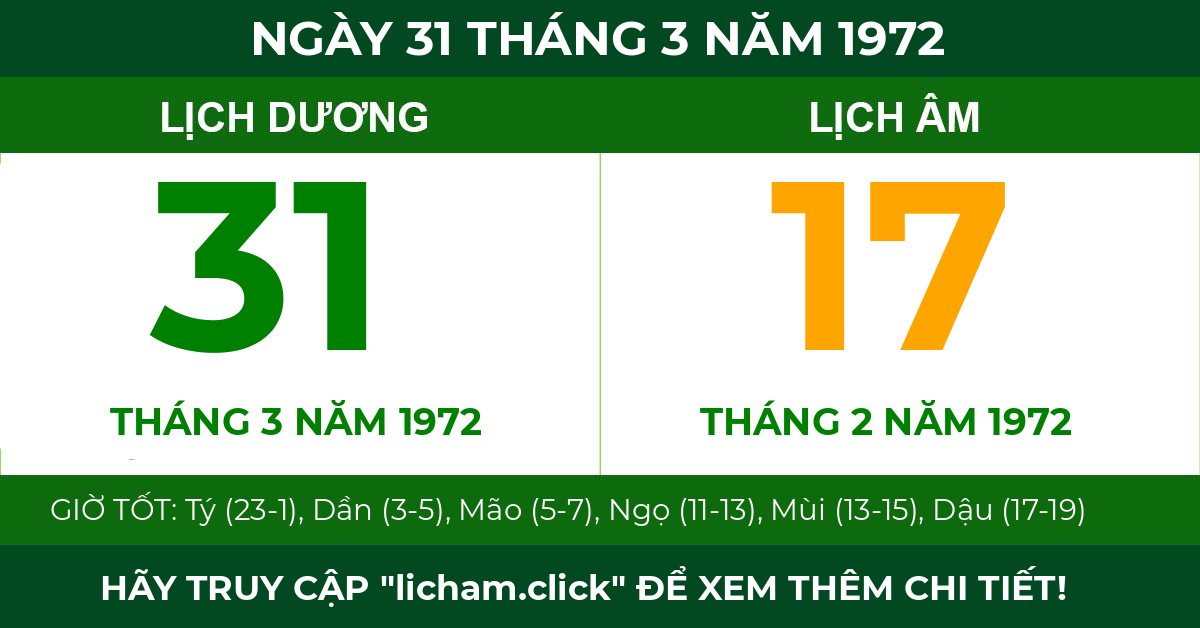 lịch âm ngày 31 tháng 3 năm 1972