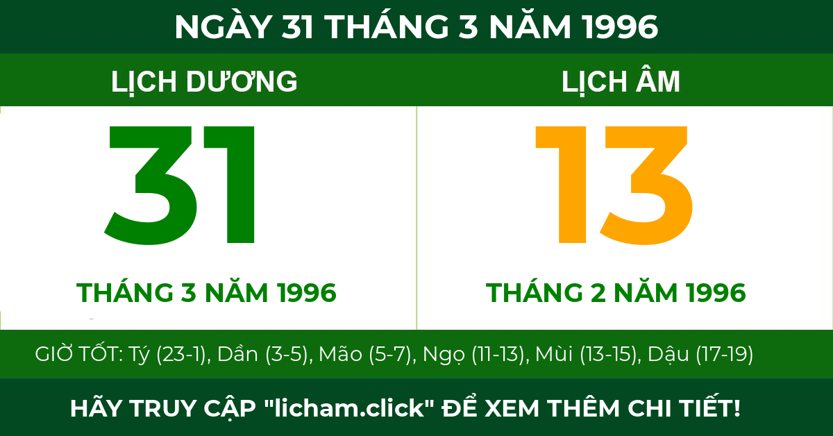 lịch âm ngày 31 tháng 3 năm 1996