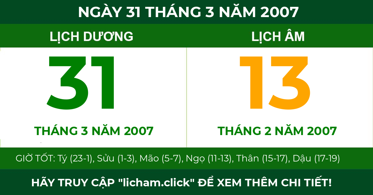 lịch âm ngày 31 tháng 3 năm 2007