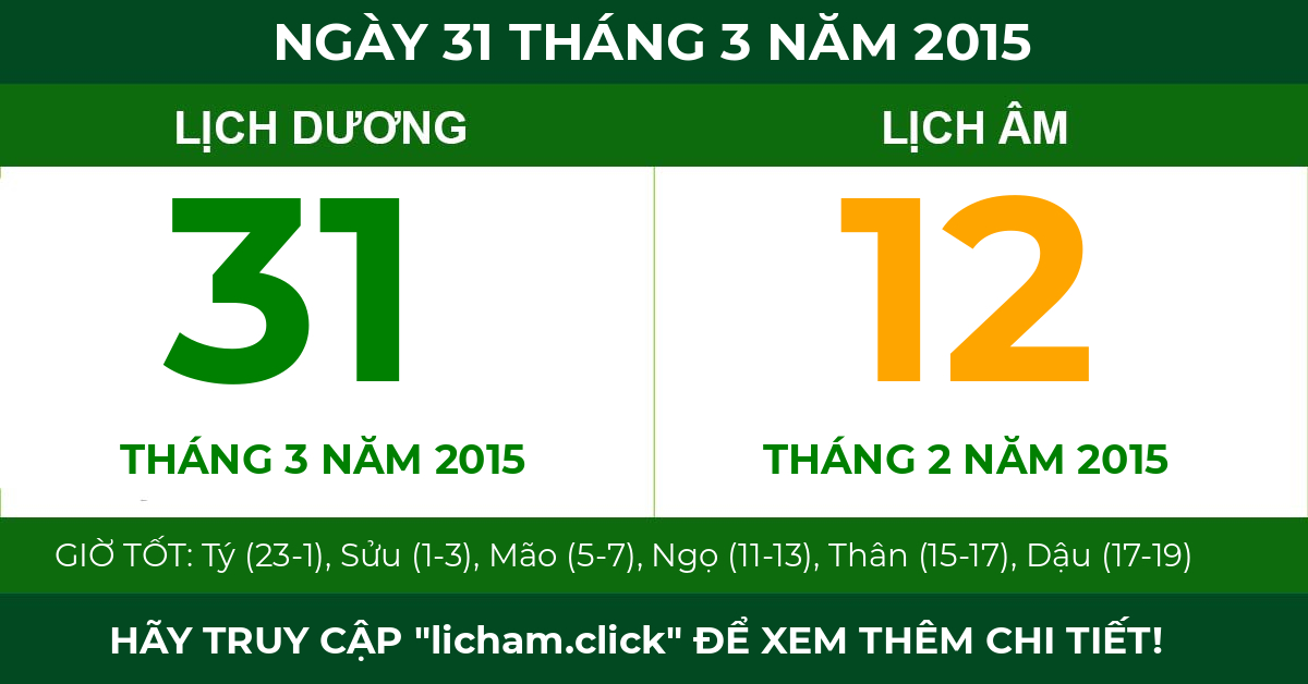 lịch âm ngày 31 tháng 3 năm 2015