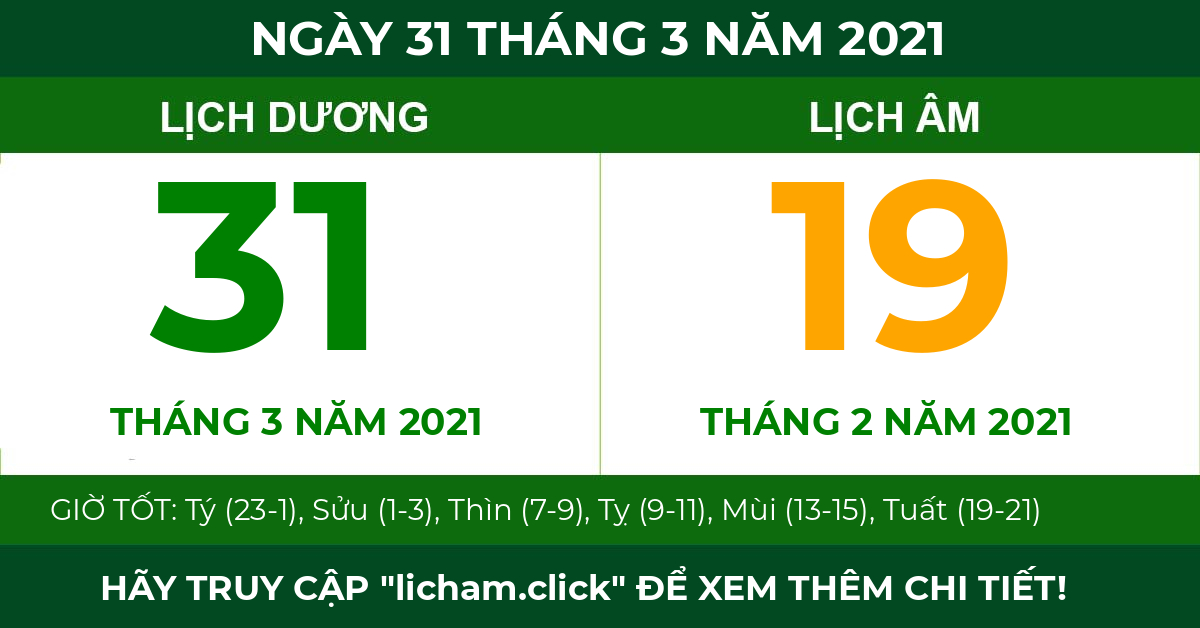 lịch âm ngày 31 tháng 3 năm 2021