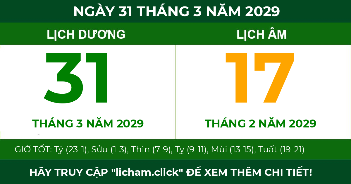 lịch âm ngày 31 tháng 3 năm 2029