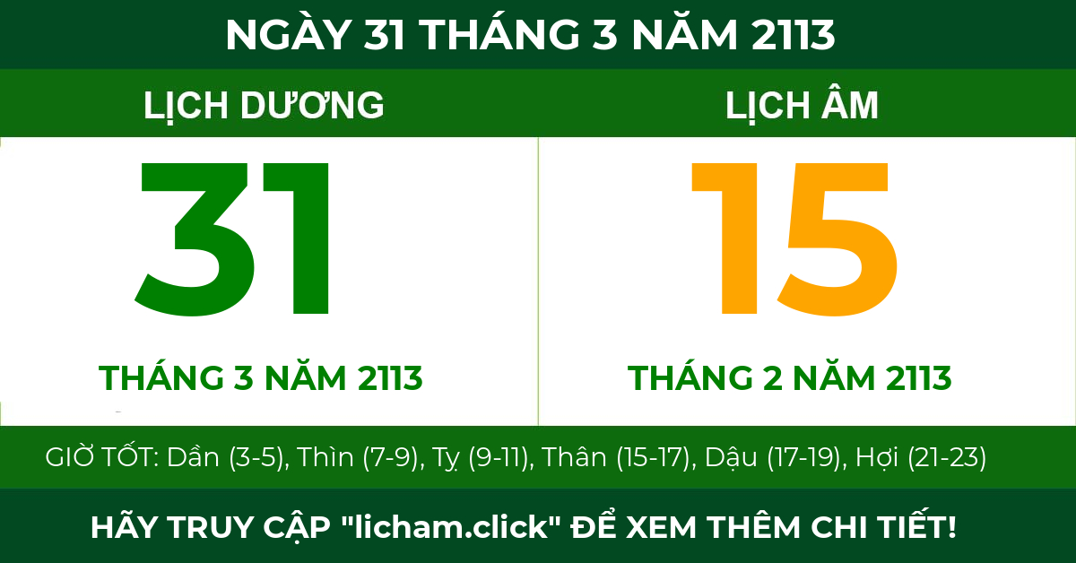 lịch âm ngày 31 tháng 3 năm 2113