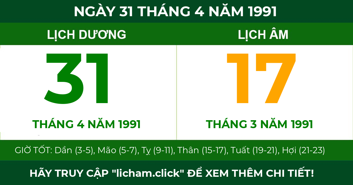 lịch âm ngày 31 tháng 4 năm 1991