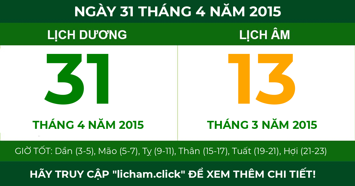 lịch âm ngày 31 tháng 4 năm 2015