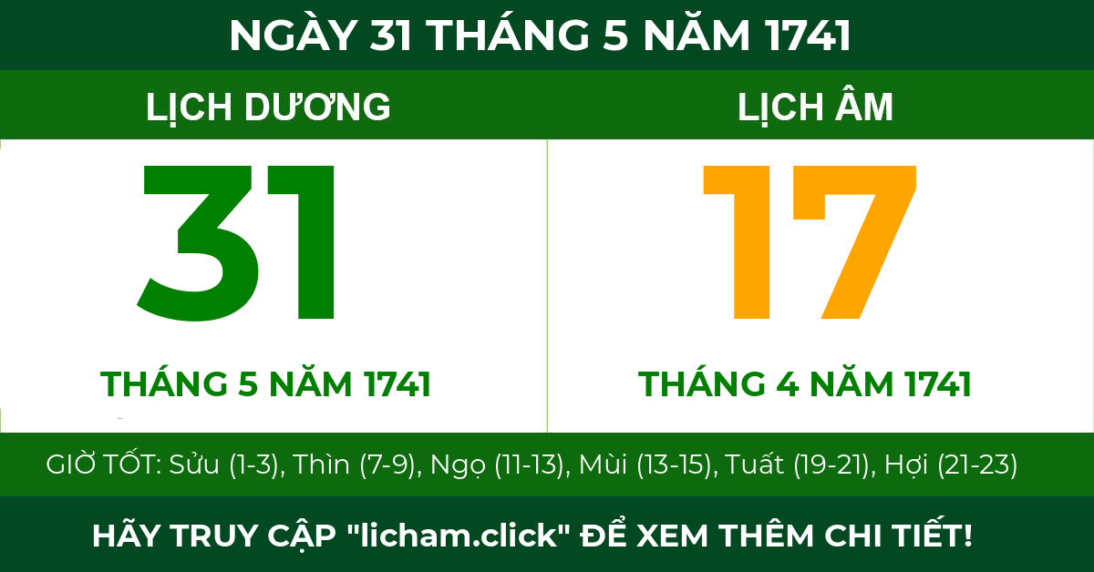 lịch âm ngày 31 tháng 5 năm 1741