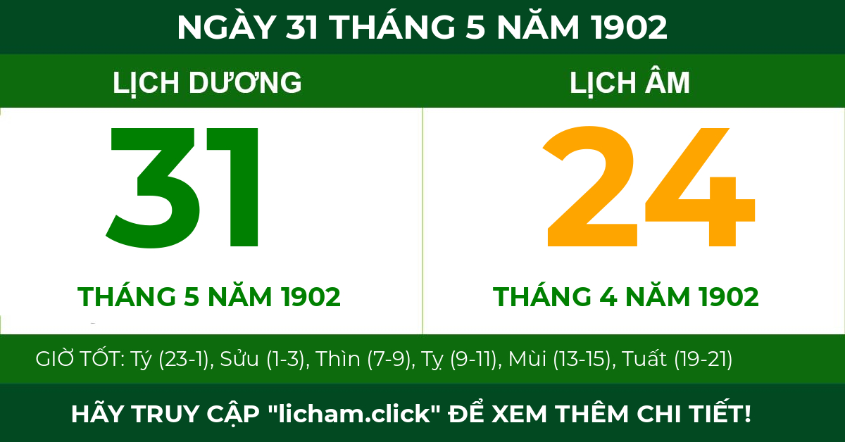 lịch âm ngày 31 tháng 5 năm 1902