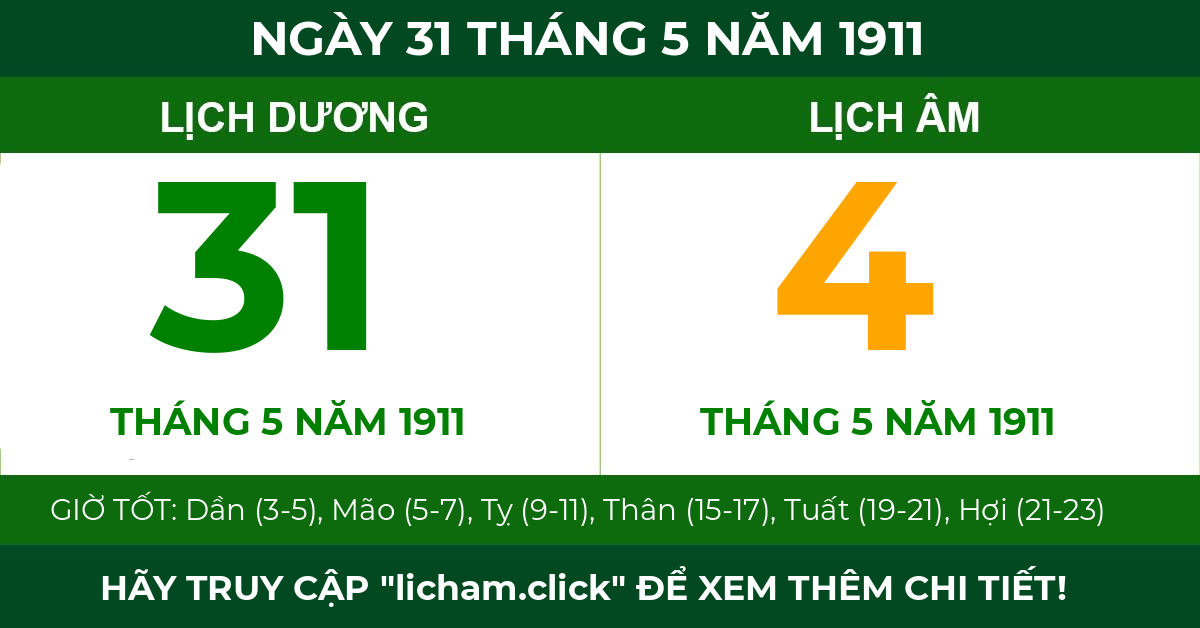 lịch âm ngày 31 tháng 5 năm 1911