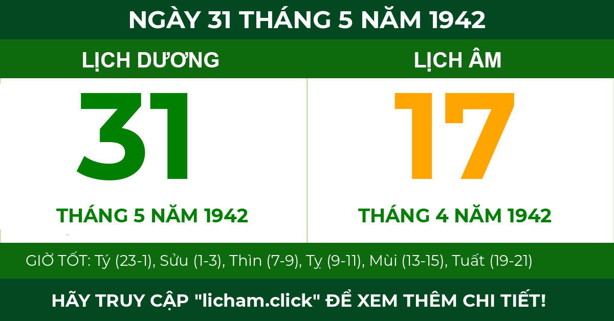 lịch âm ngày 31 tháng 5 năm 1942