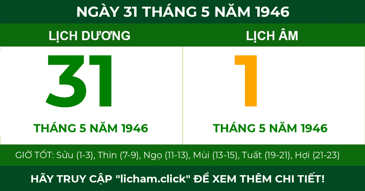lịch âm ngày 31 tháng 5 năm 1946