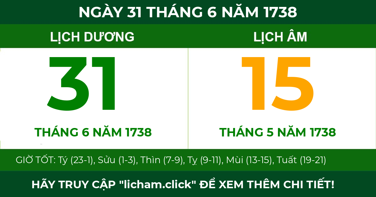 lịch âm ngày 31 tháng 6 năm 1738
