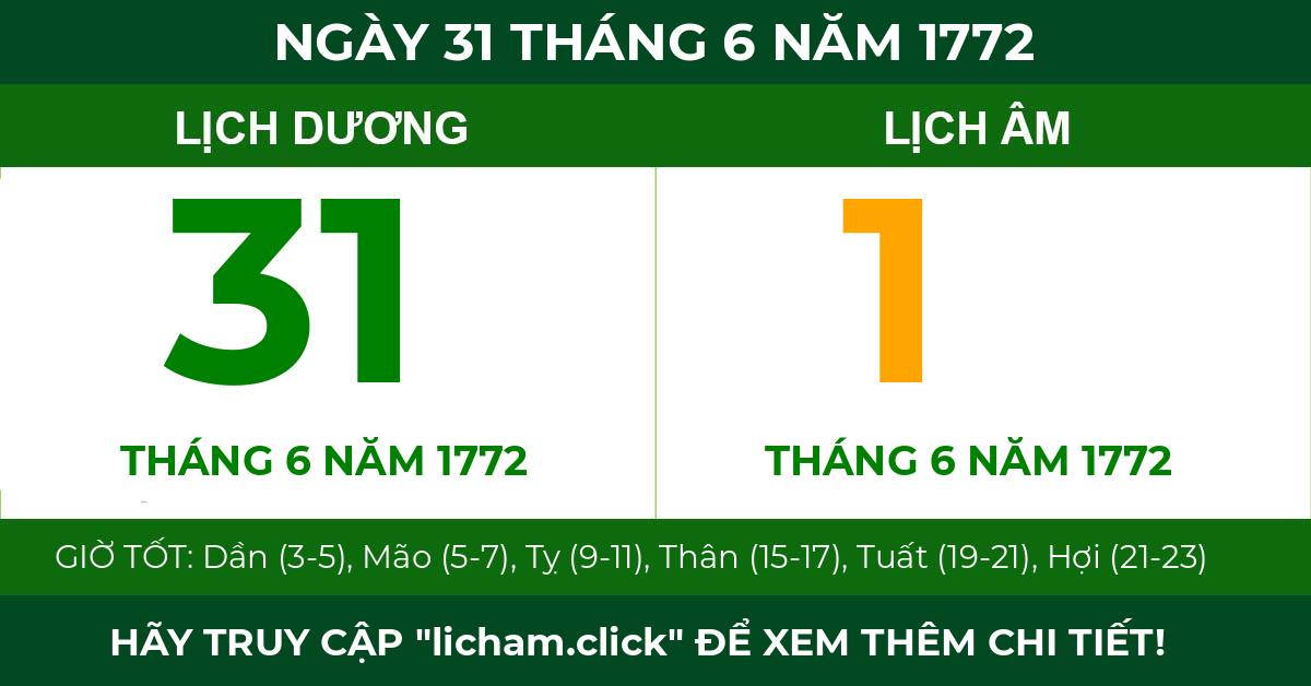 lịch âm ngày 31 tháng 6 năm 1772