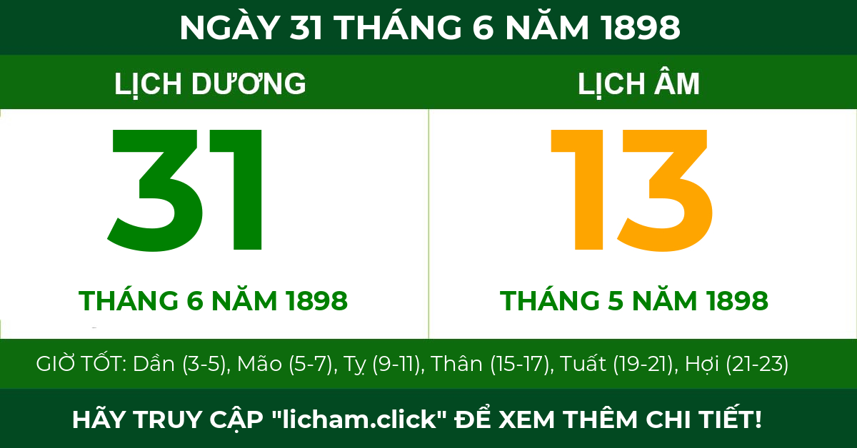 lịch âm ngày 31 tháng 6 năm 1898