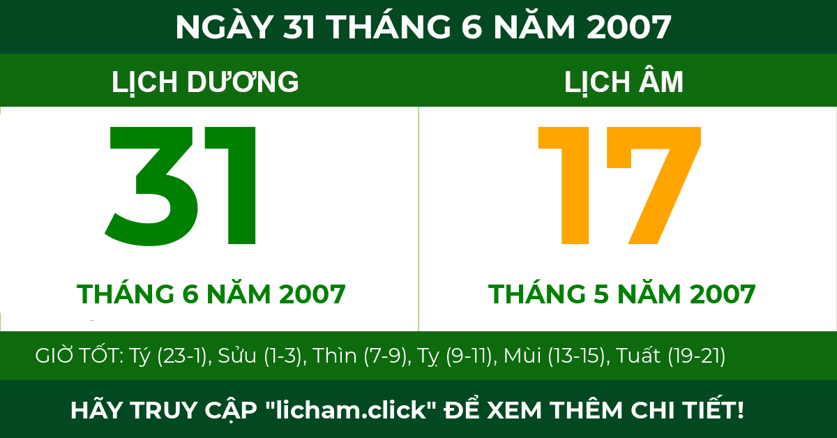 lịch âm ngày 31 tháng 6 năm 2007