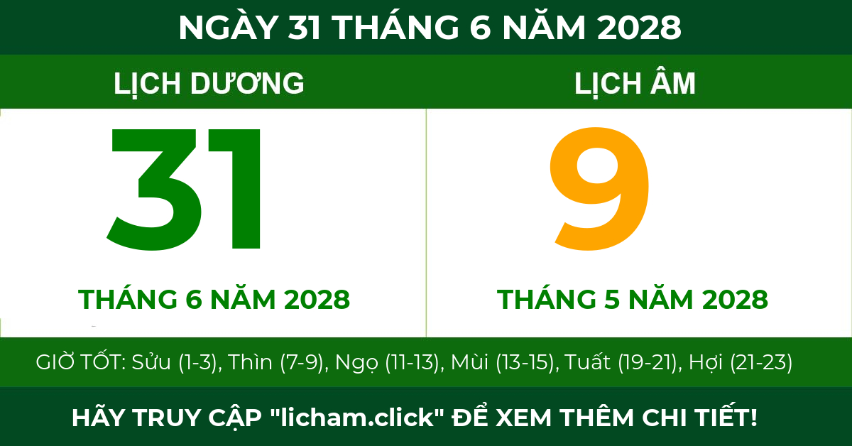 lịch âm ngày 31 tháng 6 năm 2028