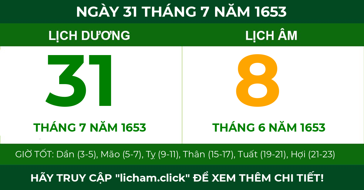 lịch âm ngày 31 tháng 7 năm 1653
