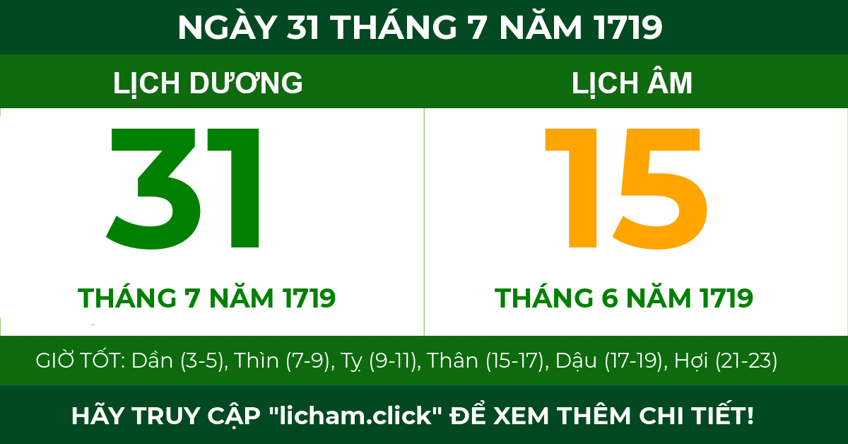lịch âm ngày 31 tháng 7 năm 1719