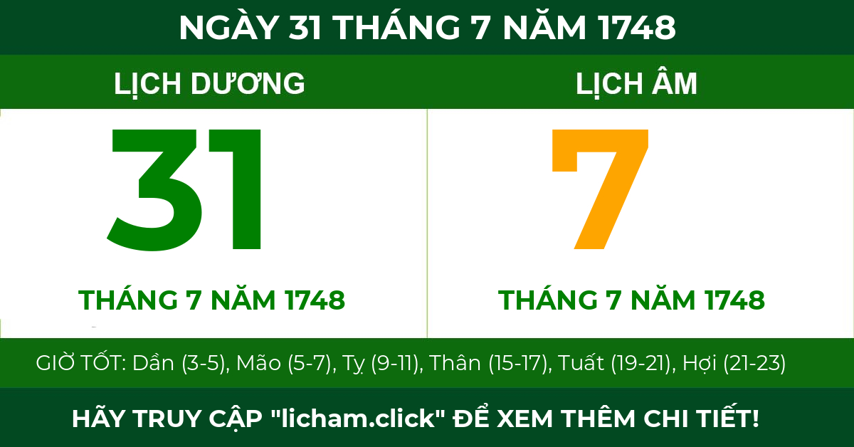 lịch âm ngày 31 tháng 7 năm 1748