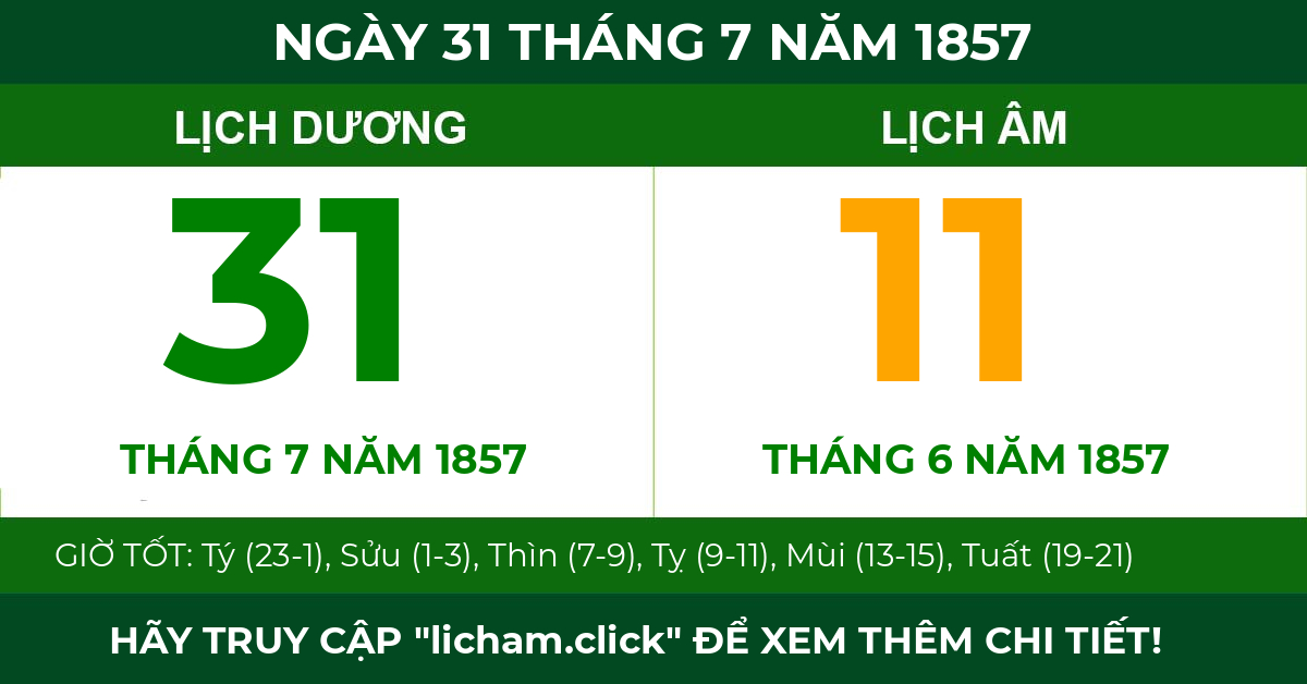 lịch âm ngày 31 tháng 7 năm 1857