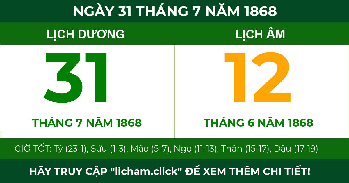lịch âm ngày 31 tháng 7 năm 1868