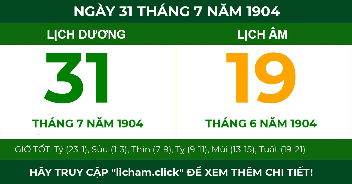 lịch âm ngày 31 tháng 7 năm 1904