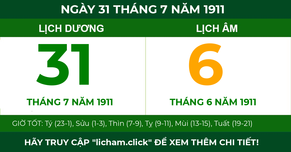 lịch âm ngày 31 tháng 7 năm 1911