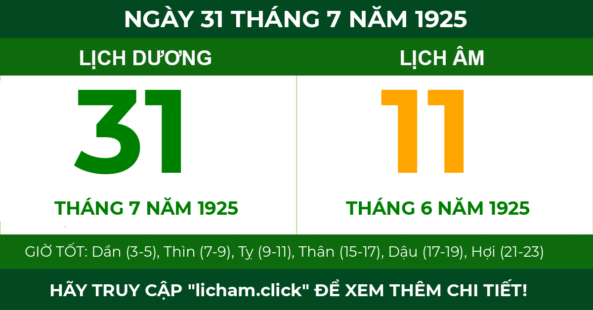 lịch âm ngày 31 tháng 7 năm 1925