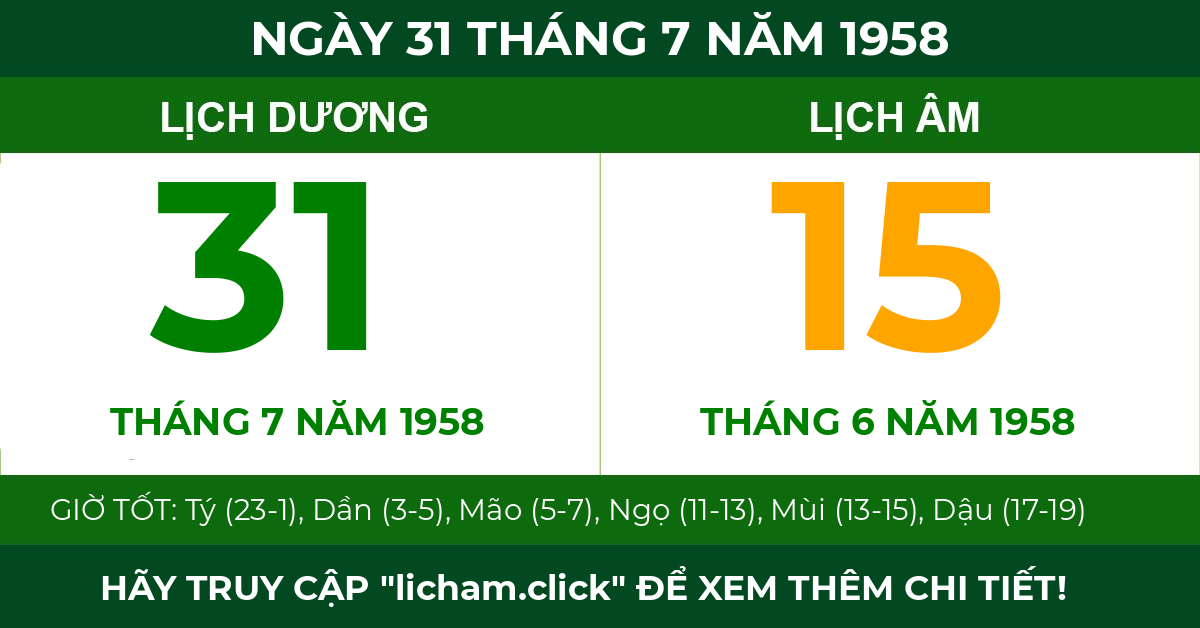 lịch âm ngày 31 tháng 7 năm 1958