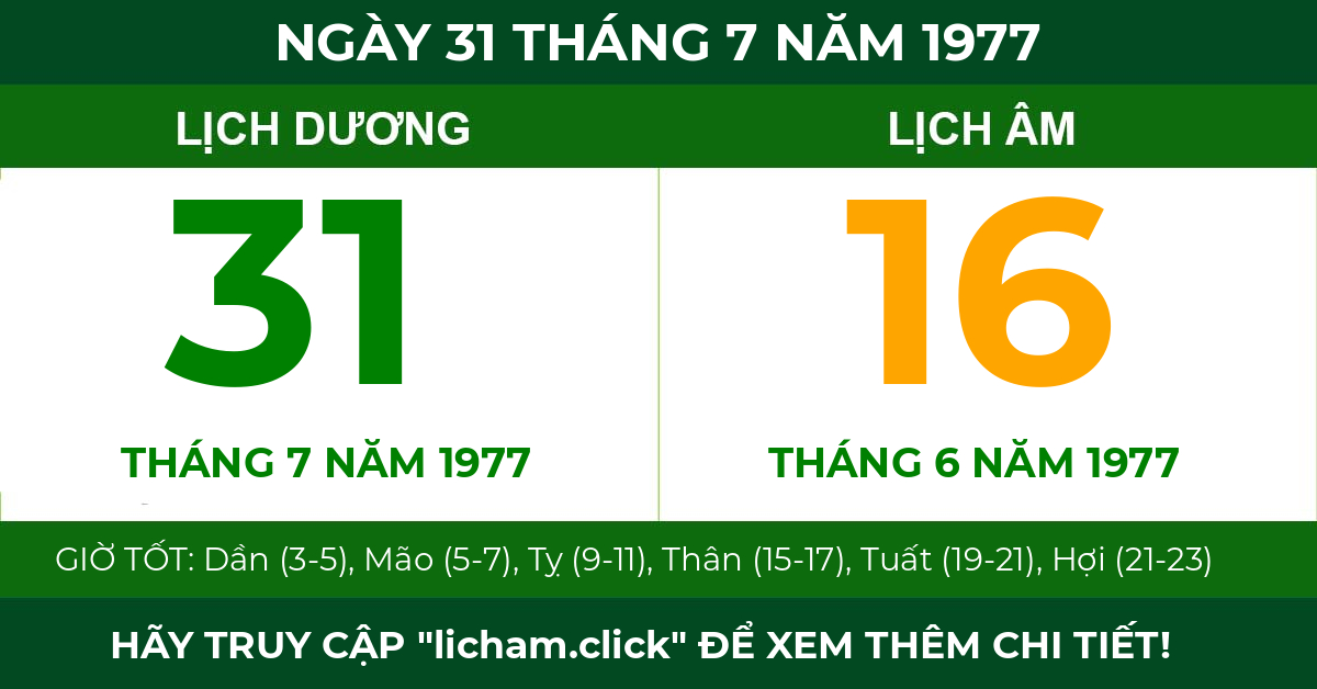 lịch âm ngày 31 tháng 7 năm 1977
