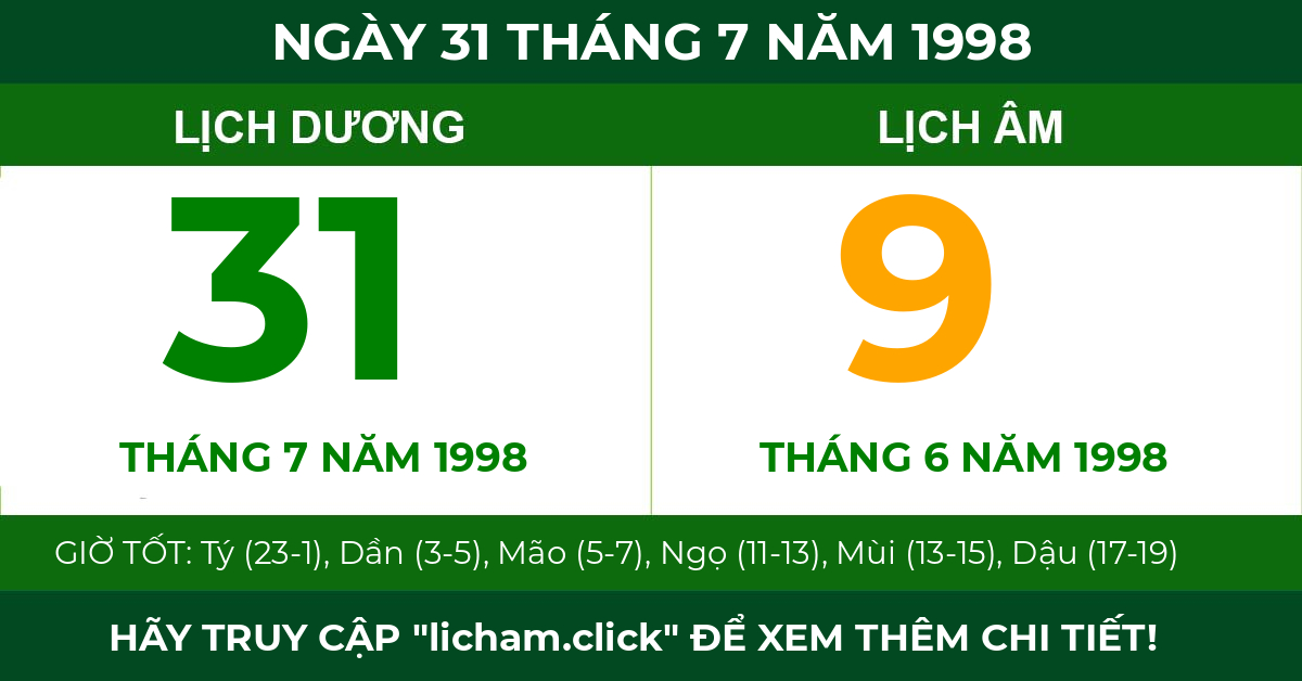 lịch âm ngày 31 tháng 7 năm 1998