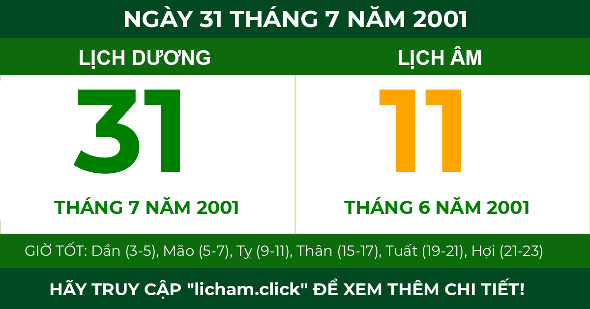 lịch âm ngày 31 tháng 7 năm 2001