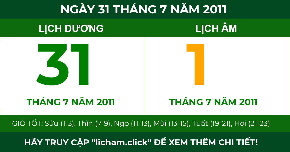 lịch âm ngày 31 tháng 7 năm 2011