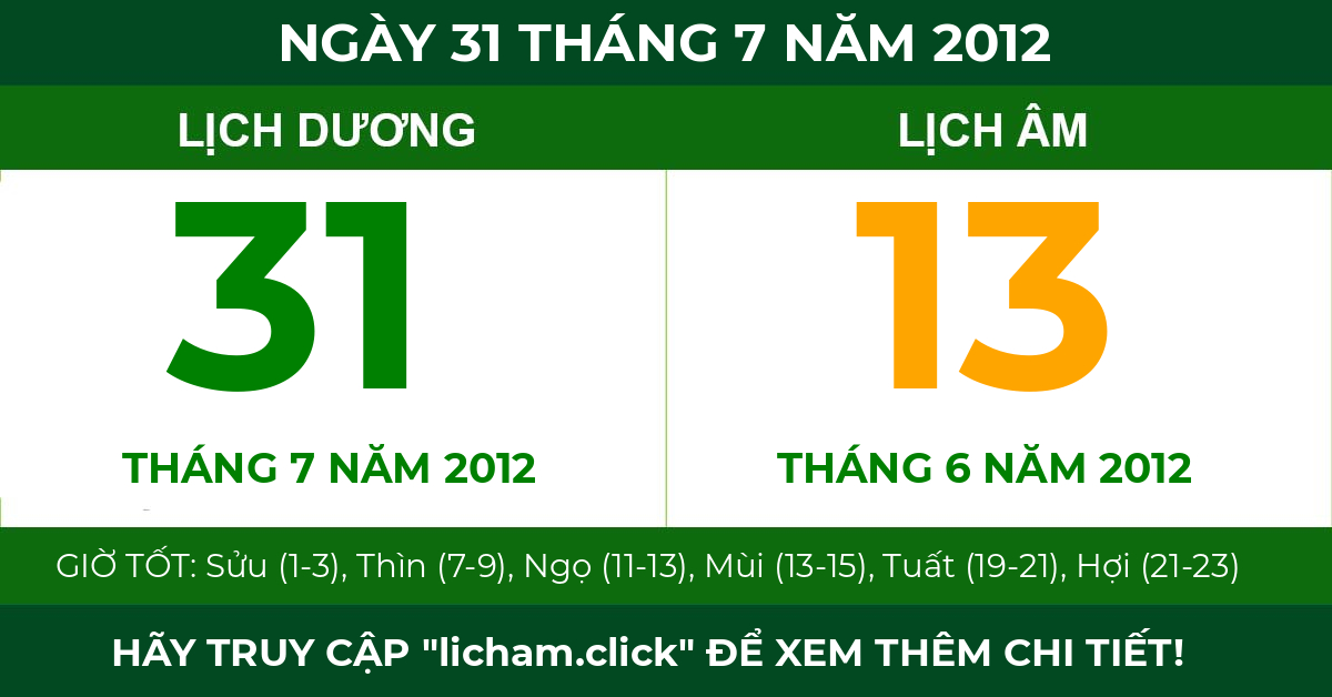 lịch âm ngày 31 tháng 7 năm 2012