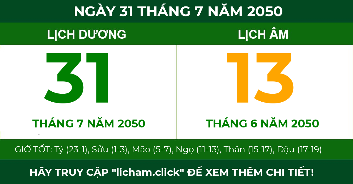 lịch âm ngày 31 tháng 7 năm 2050