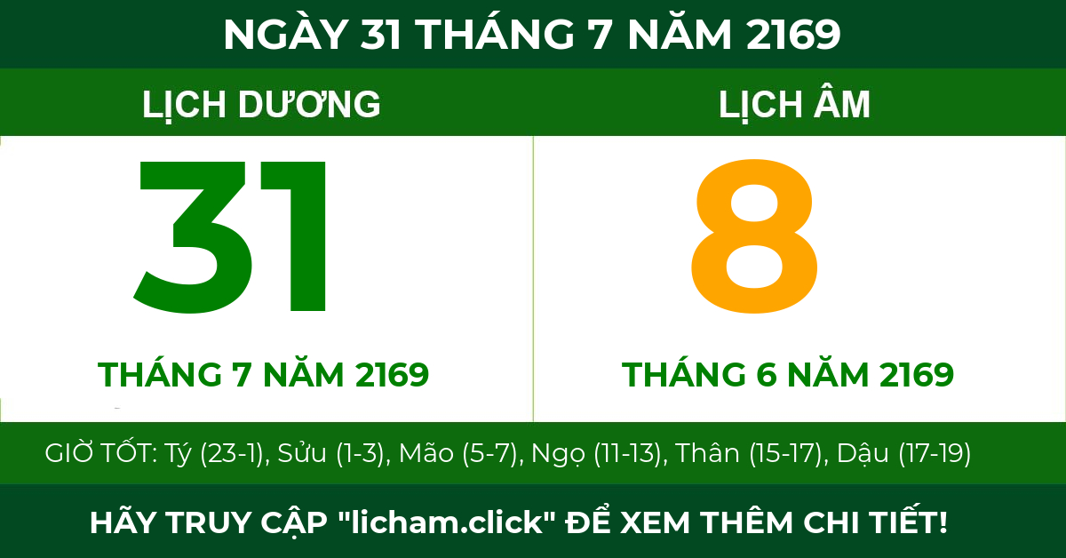lịch âm ngày 31 tháng 7 năm 2169
