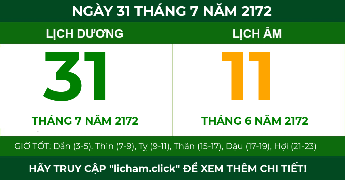 lịch âm ngày 31 tháng 7 năm 2172