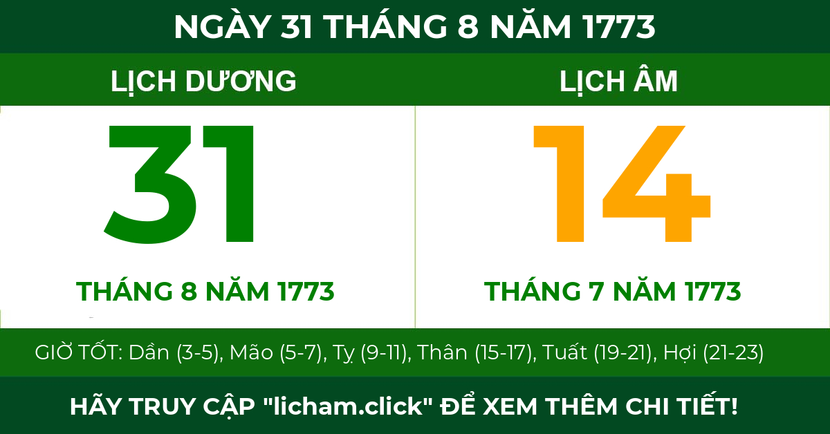 lịch âm ngày 31 tháng 8 năm 1773