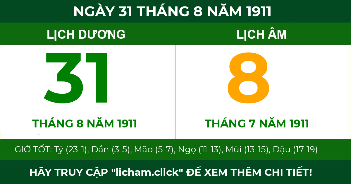 lịch âm ngày 31 tháng 8 năm 1911