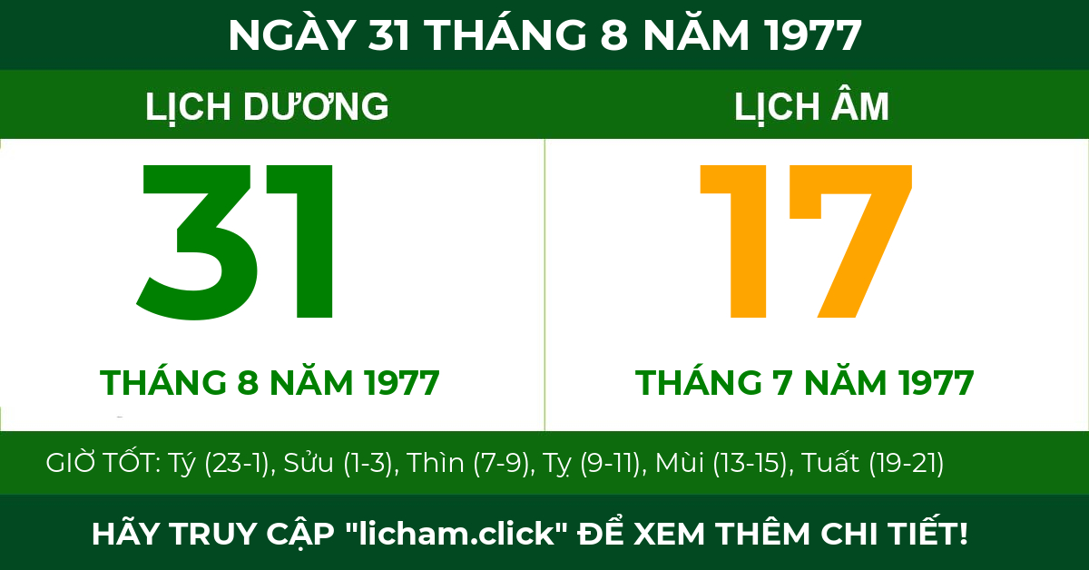 lịch âm ngày 31 tháng 8 năm 1977