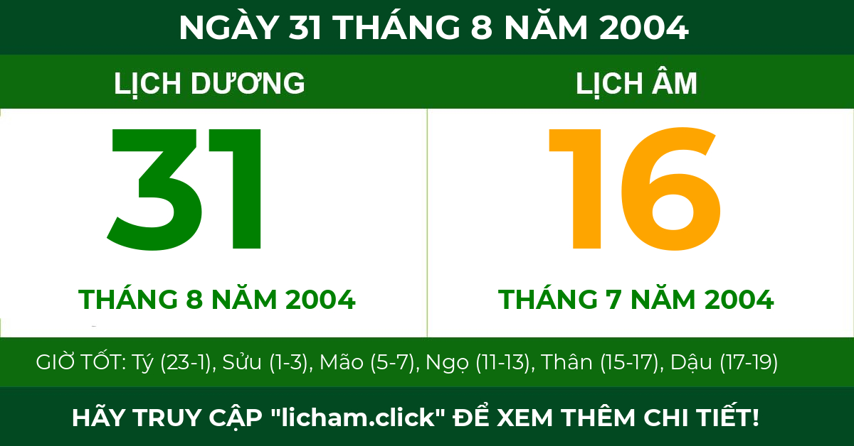 lịch âm ngày 31 tháng 8 năm 2004