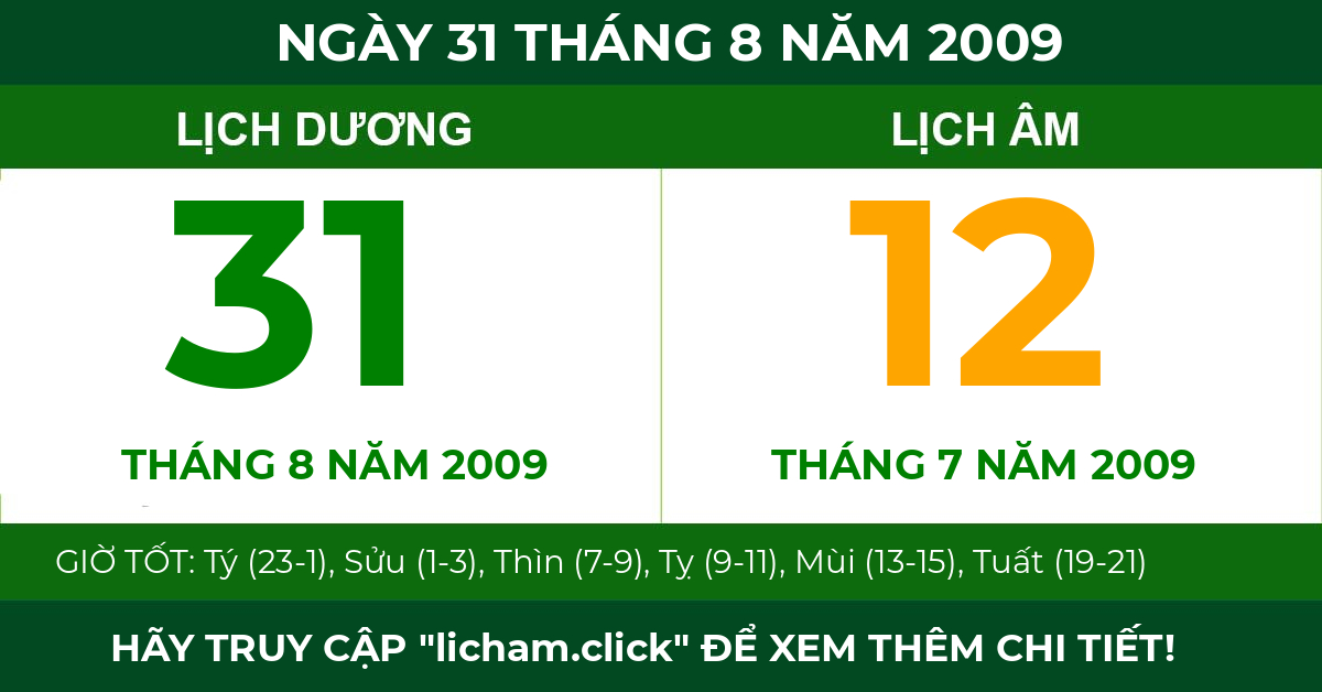 lịch âm ngày 31 tháng 8 năm 2009