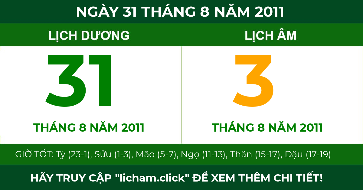lịch âm ngày 31 tháng 8 năm 2011