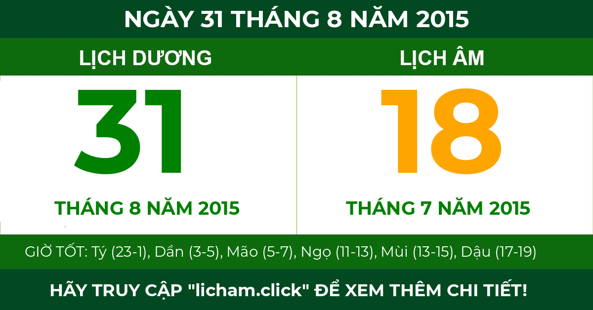 lịch âm ngày 31 tháng 8 năm 2015