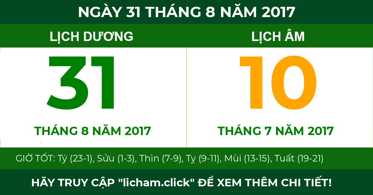 lịch âm ngày 31 tháng 8 năm 2017