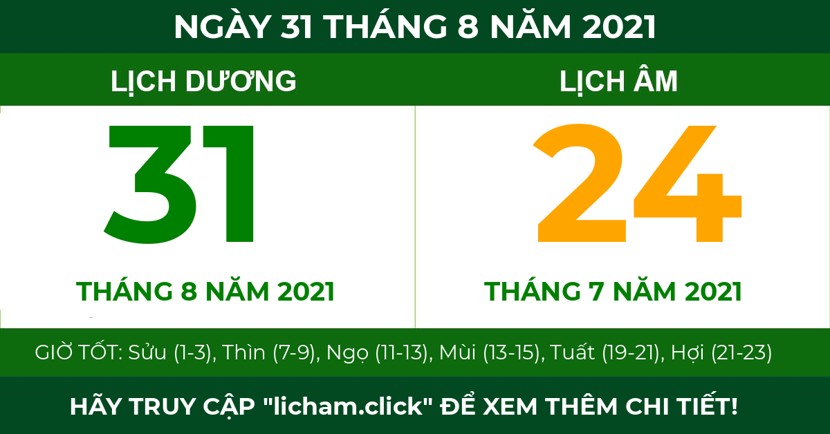 lịch âm ngày 31 tháng 8 năm 2021