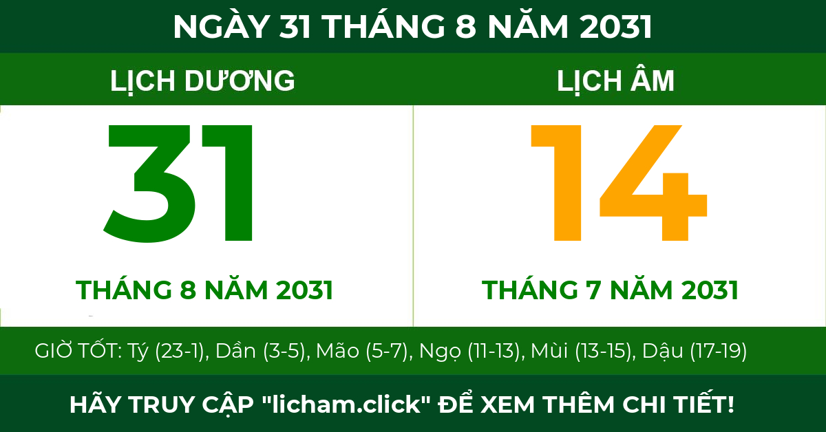 lịch âm ngày 31 tháng 8 năm 2031