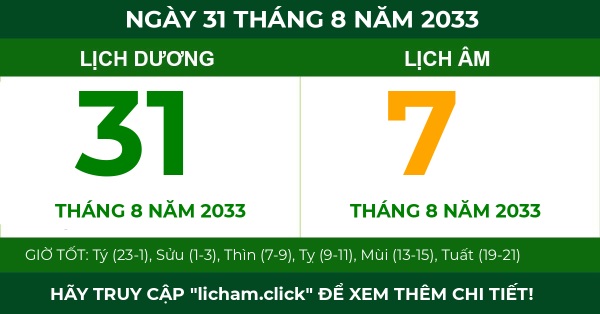 lịch âm ngày 31 tháng 8 năm 2033