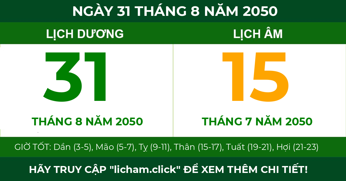 lịch âm ngày 31 tháng 8 năm 2050