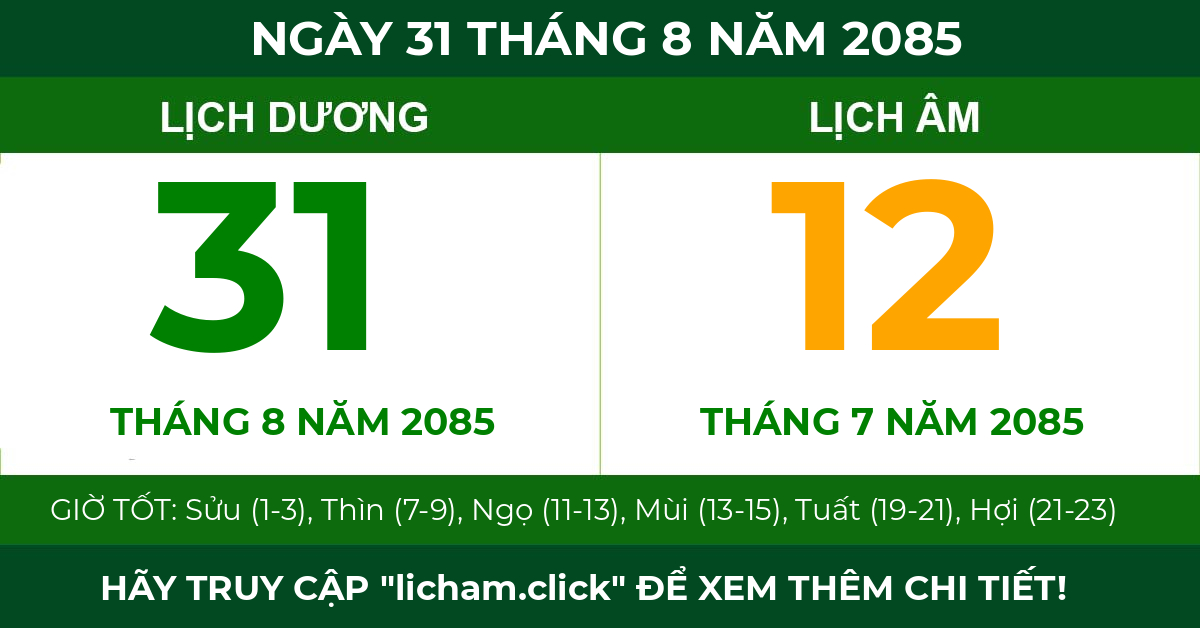 lịch âm ngày 31 tháng 8 năm 2085