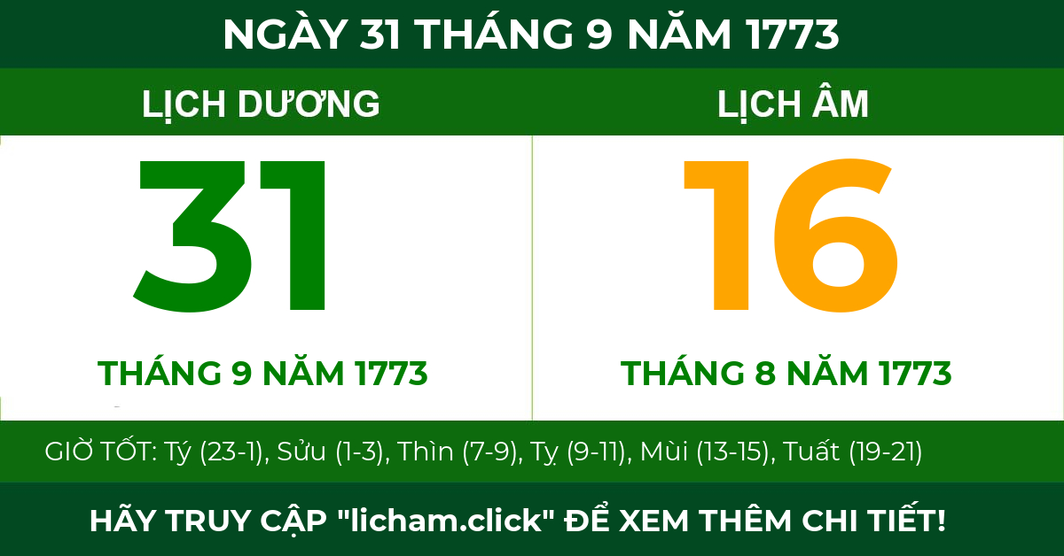 lịch âm ngày 31 tháng 9 năm 1773